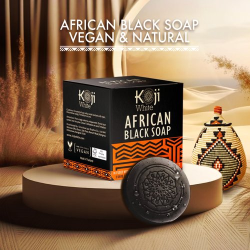 Koji White African Black Soap Bar for Face & Body Wash with Shea Butter - Exfoliating Soap, Brightening, Moisturizer Skin with Kojic Acid, Aloe Vera, Coconut Oil - Vegan, Paraben-Free, 2.82oz (2 Bars)