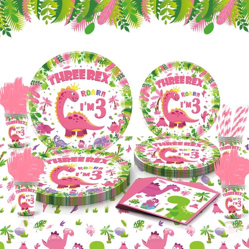 Girl Dinosaur 3nd Birthday Party Supplies, 202 Pcs Three Dino Rex Pink Dinosaur Party Decorations for 3 Year Old Girl - Table Cover, Plates, Cups, Napkins, Utensils, Serves 25 Guests