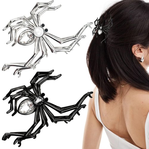 2 PACK Spider Hair Clips, Halloween Spider Hair Claw Clips Metal Punk Spider Shape Hair Jaw Clips with Rhinestones Gem Design for Hair Styling, Decorations and Halloween