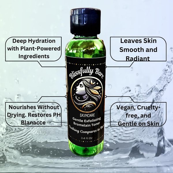 Blissfully Bare Gentle Bromelain Facial Toner with Skin-Loving Ingredients, Gentle Exfoliation, Removes Dirt, Excess Oil and Make-up, Skin-Soothing, Antioxidant, Promotes a Youthful Glow