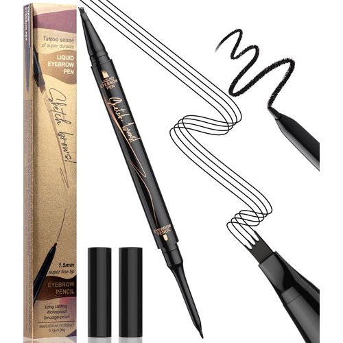 Microblading Eyebrow Pen - Eyebrow Pencil 2-in-1 Dual-Ended Eye Brow Pencils for Women with 4-Fork-Tip & Ultra-Fine Brow Pencil Tip Create Natural Hair-Like Brows, Last All-Day, Black