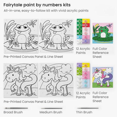 Arteza Kids Paint by Numbers Kit, 10" x 10", Pre-Printed Fairytale Canvas Painting Kit with 2 Canvases, 24 Acrylic Paint Pots, 3 Paintbrushes, Art Supplies for Developing Hand-Eye Coordination, Frog