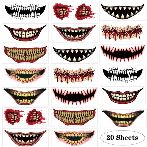 20 Sheets Halloween Temporary Tattoo Stickers Halloween Face Tattoo Face Stick for Women Men Prank Makeup Clown Horror Scary Big Mouth Fake Decals for Adults Kids