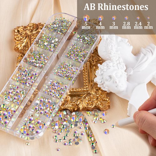 Colorful Face Gems for Makeup Set, Flatback Gorgeous AB+Clear+Mixed-Colored Glass Crystals with Makeup Glue, Tweezer, Dual-End Dotting Tool, Picker Pencil for Eye Body Hair Make-up and Nail Art Deco