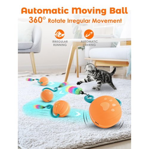 SALFSE Interactive Cat Ball Toy for Bored Indoor Cat, Automatic Moving Cat Ball with 4 Feather & LED Flash Lights, Smart Sound and Touch Control, USB-C Rechargeable