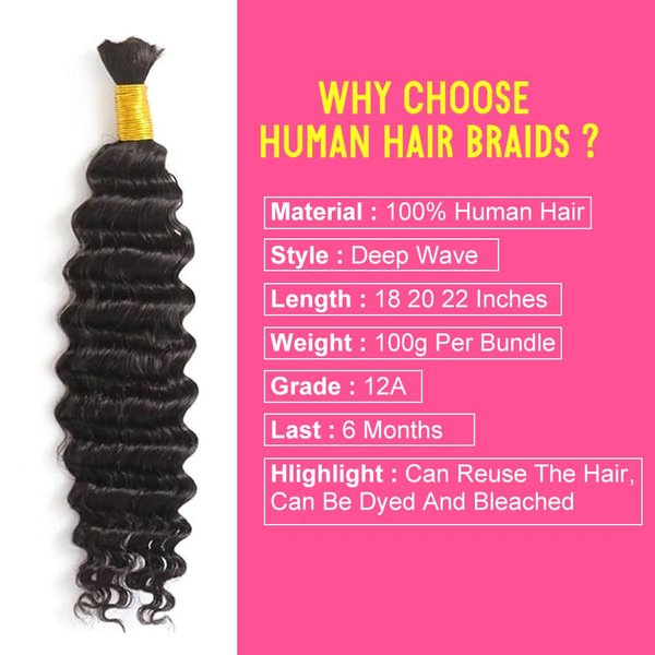 Deep Wave Bulk Human Hair For Braiding 100% Unprocessed Brazilian Virgin Human Hair Extensions No Weft 100g Micro Braiding Human Hair Extensions 100% Human Hair… (Natural Color, 22 Inch)