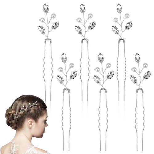 Silver Wedding Hair Clips Bride Hair Pins Bridal Hair Pieces for Prom 6 Pieces Wedding Barrettes for Women's Pearl Hair Accessories Crystal Fancy Headpiece U Shaped Bobby Pins Decorative Bridesmaids