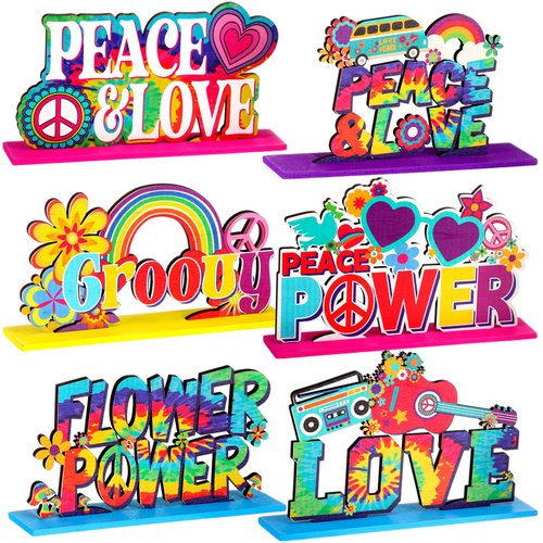 Geetery 6 Pcs 60&#39;s Party Supplies Hippie Party Supplies 60s Hippie Theme Groovy Party Wooden Cent...