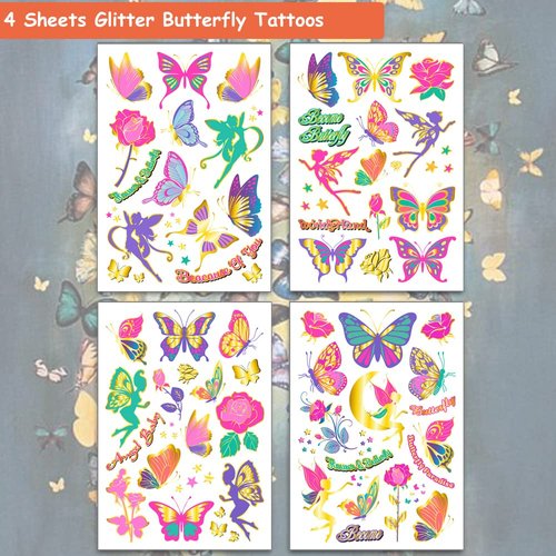 Hohamn Glitter Butterfly Tattoos for Gilrs Womens - 50 Styles Colorful Butterfly Art Tattoos for Women Girls Butterfly Party Favors