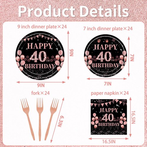 Rakuto 40th Birthday Party Tableware - 96PCS 40th Party Plates Napkins Forks Supplies Rose Gold 40th Birthday Party Supplies Decorations Woman Happy 40th Birthday Party Dinnerware Decor (24 Guests)