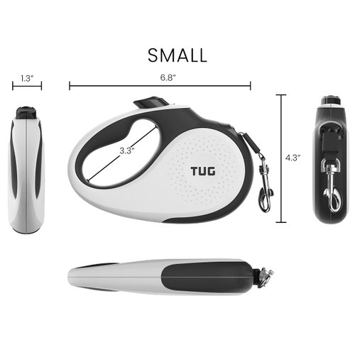 TUG 360° Tangle-Free Retractable Dog Leash with Anti-Slip Handle | 16 ft Strong Nylon Tape | One-Handed Brake, Pause, Lock (Small, White)