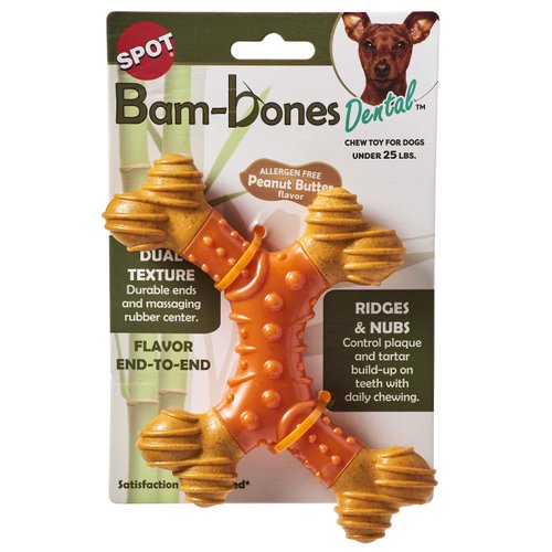 SPOT Bam-Bones Dental X-Bone - Made with Bamboo Fiber and a Massaging Rubber Center, Durable Oral Care Dog Chew for Light Chewers & Teething Puppies under 25lbs, 6in Allergen Free Peanut Butter Flavor
