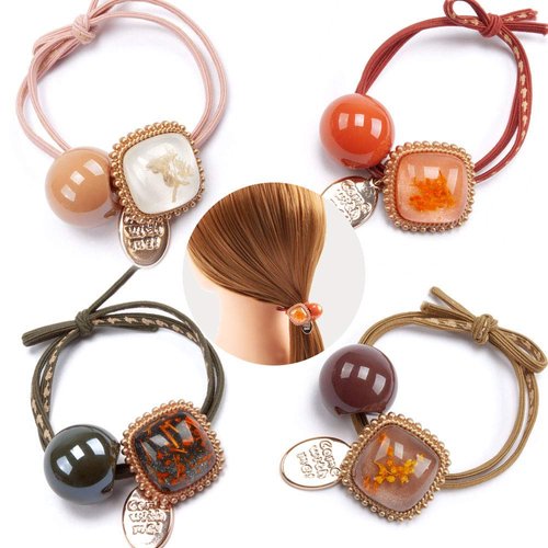 Womens Girls 4 Pack Colorful Acrylic Pom Pom Balls Elastic Hair Ties Rings Ponytail Holder Hair Accessories (Multi)