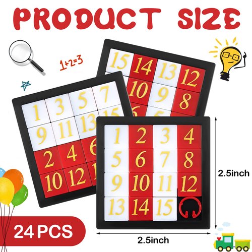 24 Pcs 15 Puzzle Number Puzzle Slide Puzzle Sliding Puzzle Brain Teaser Puzzles Number Slide Puzzle for Teens Adults IQ Educational Learning Tool Toy Christmas Party Favor Puzzle Games, 2.6 x 2.6 Inch