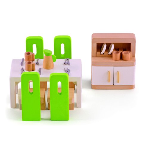 Hape Wooden Doll House Furniture Dining Room Set with Accessories| 1:12 Scales Miniature Dollhouse Furniture
