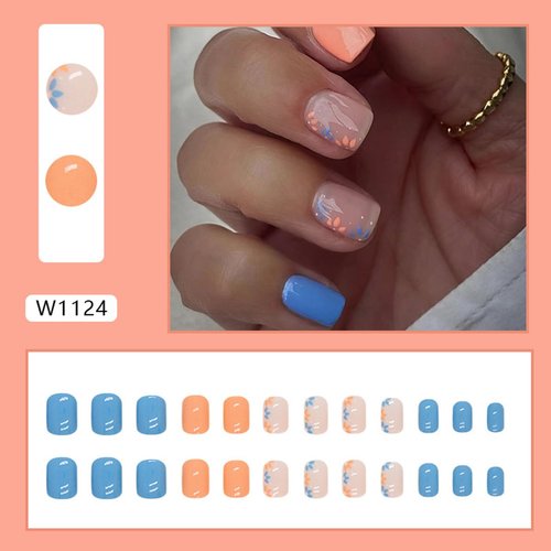 Short Press on Nails Square Spring Summer Fake Nails Flower False Nails with Small Floral Designs Blue Orange Glossy Glue on Nails Acrylic Full Cover Stick on Nails for Women and Girls 24PCS