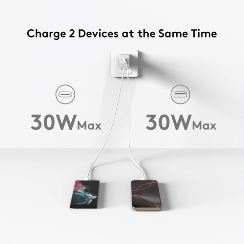 Qackenm 30W USB C Charger Block, GaN Nano Fast Charger, 2 Port Compact Charger with Foldable Plug for iPhone 16/16 Plus/16 Pro/16 Pro Max, 15/14/13 Series, Pixel, Galaxy, iPad/iPad Mini and More White