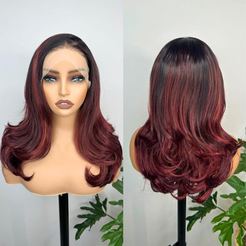 LOLYDEER 1B99J Red Synthetic Lace Front Wig 18 Inch Body Wave Lace Front Wigs 13X6 Glueless Lace Frontal Wigs Dark Root Red Wigs For Women Pre-plucked With Baby Hair Wavy Free Part Lace Wigs