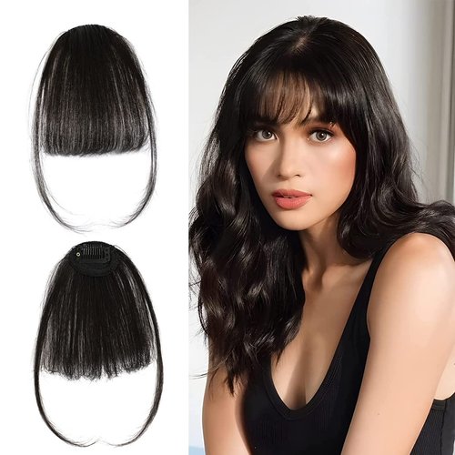 hengya Clip on Bangs Fake Bangs 100% Human Hair Wispy Bangs Clip in Hair Extensions 1B Black Air Bangs Fringe with Temples Hairpieces for Women Curved Bangs for Daily Wear(1B Black Bangs)