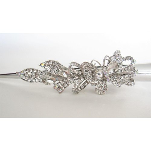 Generic Silver alligator butterfly and ribbon hair claw clip with clear and AB crystals