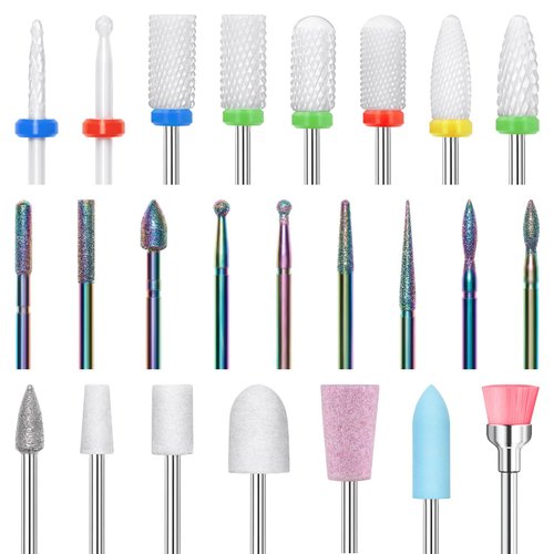 Modelones 24 Pcs Nail Drill Bit Set, 3/32” Ceramic Diamond Carbide Nail Drill Bits, Acrylic Gel Nail Bit Kit, Cuticle Remover Bits for Acrylic Gel Dip Powder Nail Manicure Pedicure