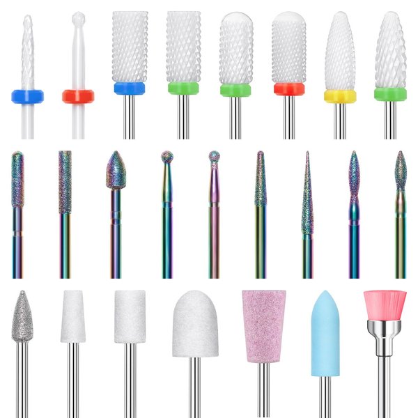 Modelones 24 Pcs Nail Drill Bit Set, 3/32” Ceramic Diamond Carbide Nail Drill Bits, Acrylic Gel Nail Bit Kit, Cuticle Remover Bits for Acrylic Gel Dip Powder Nail Manicure Pedicure