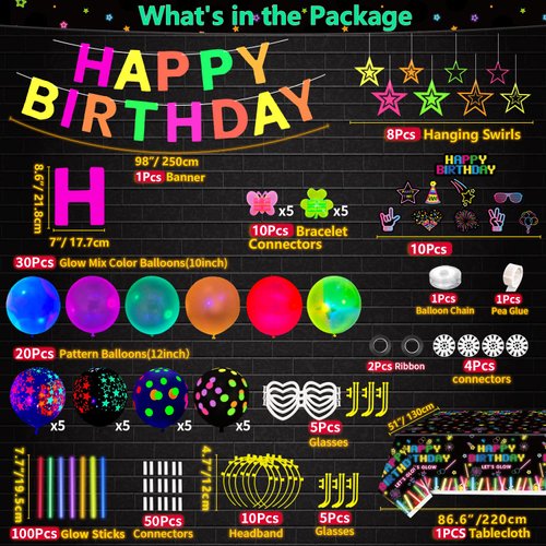 259 Pack Glow Party Supplies Glow Sticks Party Pack Glow Themed Party Hanging Decorations Birthday Party Decoration Tablecloth, Balloons, Sticks, Glasses and Headband for Kids Neon Party Decorations