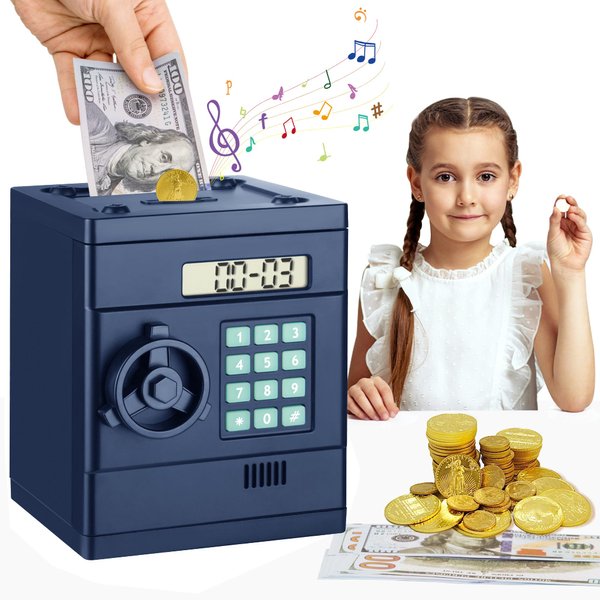 BQGVGU Piggy Bank for Kids, Cash Coin Can Safe Bank Electronic Coin Money Bank Gifts Toy ATM Bank, Money Safe for Kids Boys Girls（Navy Blue）