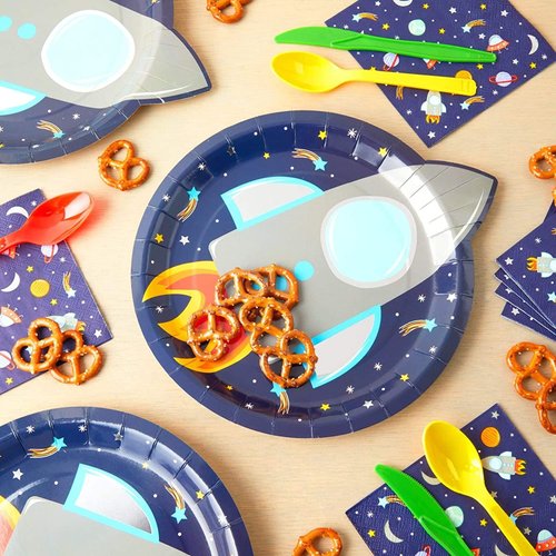 BLUE PANDA 48 Pack Rocket Ship Paper Plates for Kids Outer Space Birthday Party Supplies, Decorations (9 Inches)