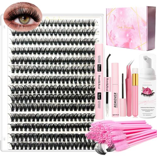 DIY Lash Extension Kit Cluster Lashes 280 Pcs 9-16mm 40D Individual Lashes Clusters with Lash Bond and Seal Glue Tweezers Lash Shampoo Cleansing Brush Lash Brush