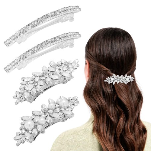 4 Pcs Rhinestone Hair Clips for Women, Crystal Hair Barrettes Sliver Pearl Rhinestone Hair Accessories Bridal Hair Clips for Wedding, Party, Prom