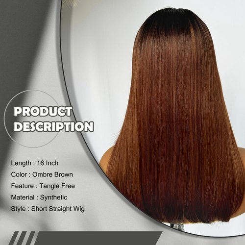 SOKU Ombre Brown Lace Front Wigs With Baby Hair Synthetic Straight Bob Wigs 16 Inch Medium Length Straight Heat Resistant Wigs For Daily Party Use