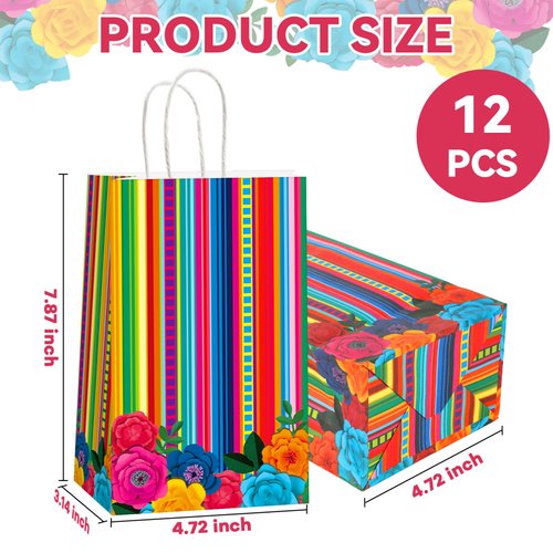 12pcs Mexican Fiesta Party Favor Bags Mexican Treat Bags Cinco De Mayo Candy Bag Floral Stripes Gift Goodie Bag for Flowers Birthday Party Taco Wedding Baby Shower Supplies Decorations 4.7*3.15*8inch