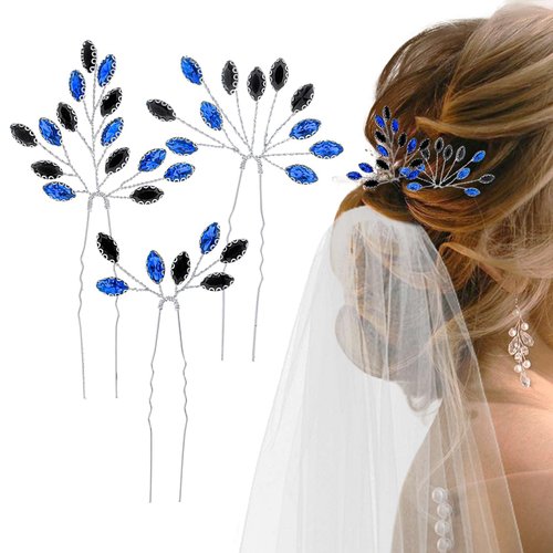 Lorealri Rhinestone Hair Pins Wedding Hair Accessories Flower Crystal Dress Sparkle Handmade Pearls Bride Bridesmaid Prom Headpieces for Women (3, Blue-Black)