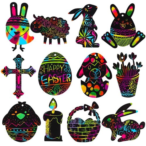 XJF Easter Scratch Art for Kids,24pcs Easter Eggs Bunny Chick Ornament,Magic Scratch Paper Art for Easter Decoration,Party Supplies,Classroom Activity Black