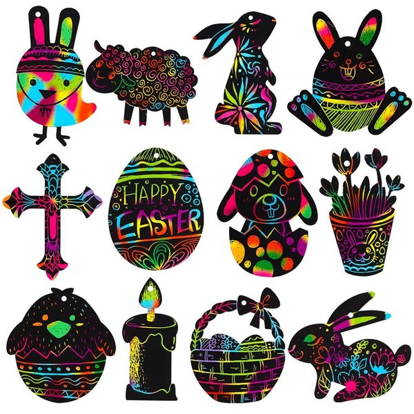 XJF Easter Scratch Art for Kids,24pcs Easter Eggs Bunny Chick Ornament,Magic Scratch Paper Art for Easter Decoration,Party Supplies,Classroom Activity Black
