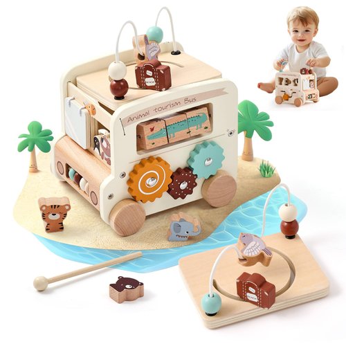 Ikubigu Wooden Activity Cube - 8 in 1 Montessori Toys Boys Girls, Multipurpose Educational Learning Toys for Toddlers Baby Activity Cubes with Animal Tourism Bus Theme