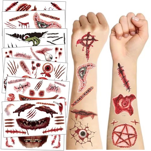 Halloween Tattoo Stickers, Halloween Scar Temporary Tattoos,Realistic Simulation Blood Wound Stitch Tattoo Sticker 3D Waterproof Prank Zombie Party Temporary Tattoo Sticker, | 10Pcs/Set