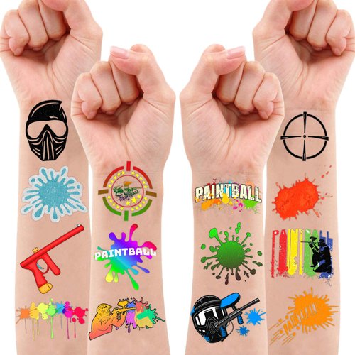 Paintball Temporary Tattoos Gun Birthday Party Decorations Favors Supplies Shooting Themed Cute Stickers 10 Sheets 100 PCS Gifts for Baby Girls Boys Class School Carnival