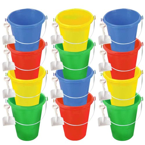 ArtCreativity 6 Inch Mini Plastic Beach Bucket and Shovel Set - Pack of 12 - Assorted Colors Buckets and White Shovels - Summer Beach Toys - Practical Gift, Party Favor and Prize