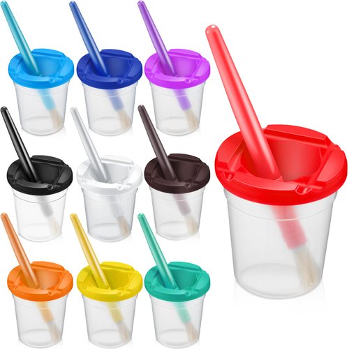 10 Pcs Paint Cups for Kid Paint Containers with Lids Plastic No Spill Paint Cups for Kids Toddlers and 10 Pcs Matching Colored Painting Round Brush Set Outdoor Art Supplies for Kids Art Supplies
