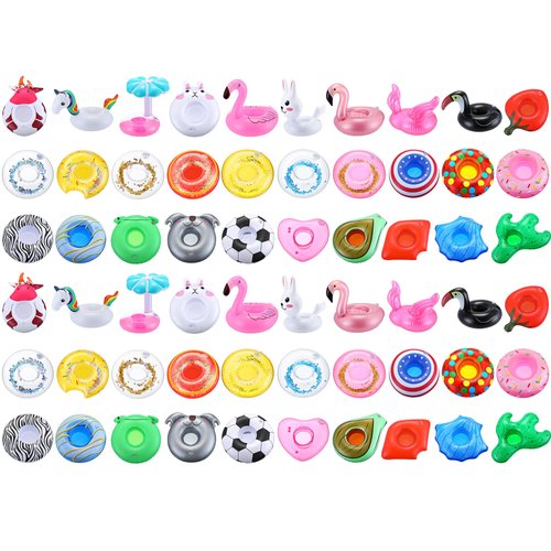 60 Pcs Pool Drink Floats Inflatable Drink Holder Drink Floaties Floating Cup Holders for Summer Swimming Pool Party Favors Bath Toys, 30 Styles