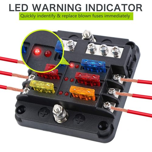 12 Volt Fuse Block, Waterproof 6 Way Fuse Box with 6 Ground Negative Busbar for Automotive[100 Amp Max] [LED Indicator]for Car Golf Cart Boat Marine RV DC 12-24V