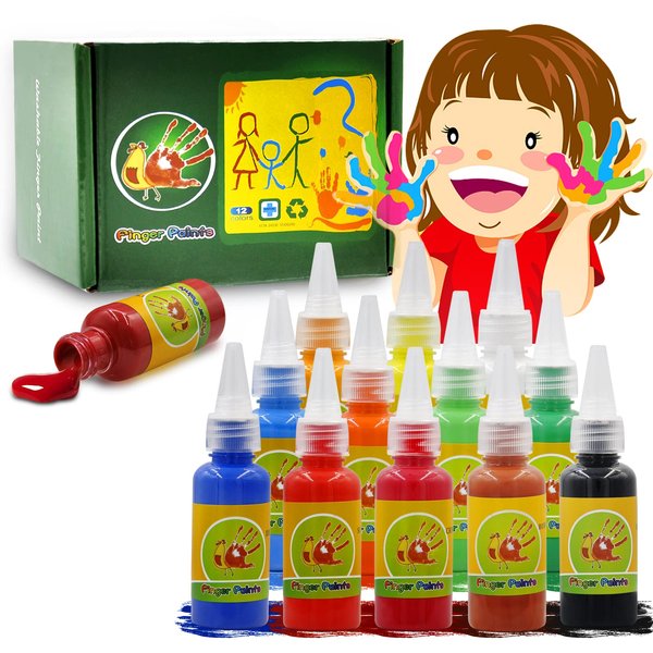 Magicdo 12 PCS Washable Non-Toxic Finger Paint for Kids Toddlers 1-3, Tempera Paint for DIY Crafts Painting, Safe Bath Paint, School Painting (12colors X 1fl oz)