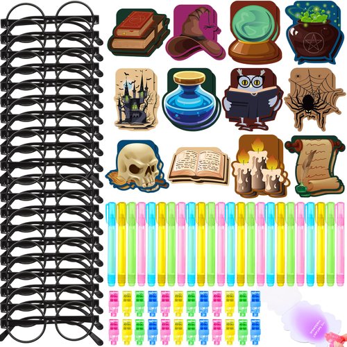 Qilery 96 Pcs Magical Wizard School Party Favors Supplies with Invisible Ink Pen Mini Notebook Black Glasses Frame Finger Light Party Favor Stationery for Witch Themed Goody Bag Stuffer Class Prize