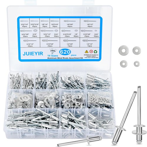JUIEYIR 620Pcs Pop Rivets Assortment Kit, 14 Sizes Aluminum Blind Rivets (3/32" 1/8" 5/32" 3/16" 1/4") with 304 Stainless Steel Pop Rivet Washer, Assorted Blind Rivets