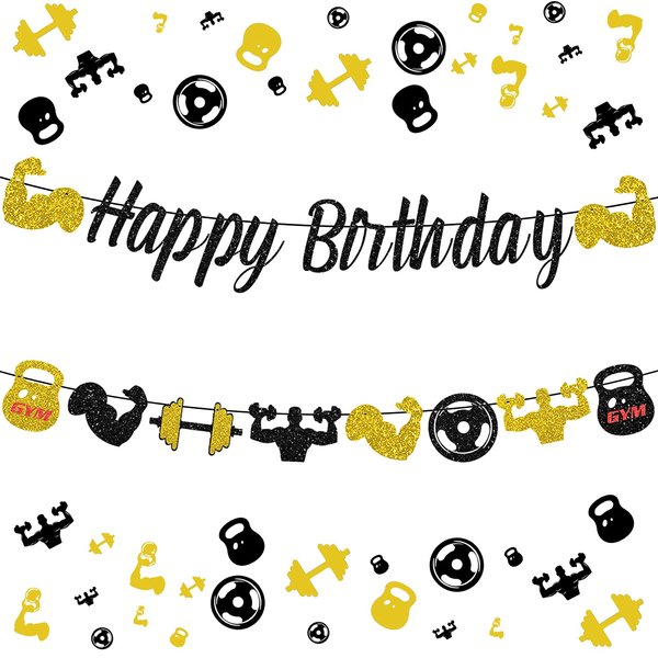 Gym Happy Birthday Banner Glitter Black and Gold Fitness Themed Birthday Banner for Men, Fitness Theme Birthday Decorations Weight Lifting Party Supplies