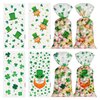 sorkwo 100 Pcs St. Patrick's Day Cellophane Treat Bags Clover Cellophane Bags Shamrock Candy Bags Irish Lucky Bags with 100 Twist Ties for Saint Patrick Day Party Favor