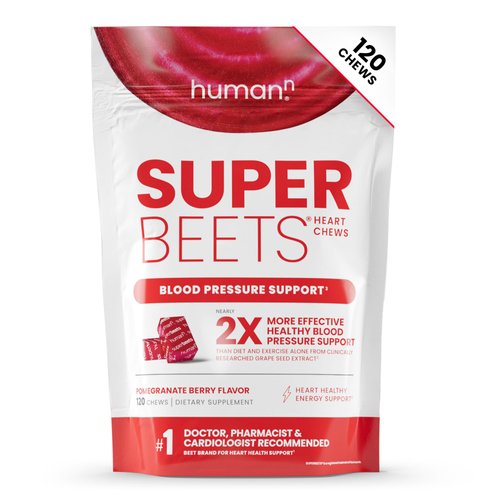 humanN SuperBeets Heart Chews, Nitric Oxide and Blood Pressure Support, Grape Seed Extract & Non-GMO Beet Root Powder Energy Chews, Super Beets Heart Chews, Pomegranate Berry Flavor, 120 Count