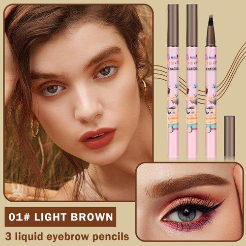 QIUFSSE 3PCS Light Brown Eyebrow Pencil for Women,Lapiz Para Cejas,Magical Precise Waterproof Brow Pen,Easily Create Natural Eyebrow Makeup-Light Brown